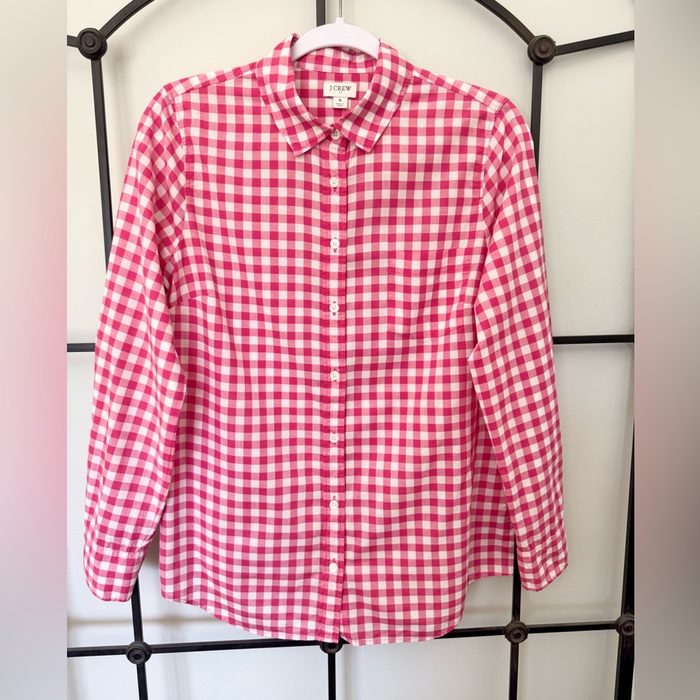 J. Crew Factory Pink and White Gingham Button-Down Shirt Size Small